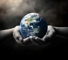 AI generated Earth hour concept, Planet in black and white human hands photo