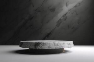 AI generated Empty dark Marble table top with shadow drop on white wall background photo