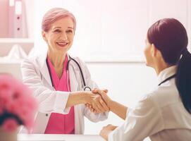 AI generated Female patient listening to doctor in medical office. Shaking hand. Raising knowledge on people living with tumor illness photo