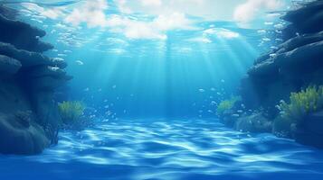 ai generado luz de sol brillante ,el superficie y debajo el azul océano, mar ola , con limpiar aguas en verano hora foto