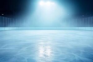 AI generated Snow and ice background.Empty ice rink illuminated by spotlights photo