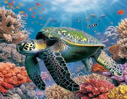 ai generado 3d piso imagen presentando un submarino mundo con tortugas y vibrante coral foto