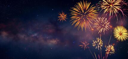 AI generated Fireworks with blur milky way background photo