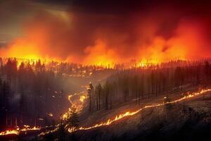 ai generado bosque fuego desastre ilustración, arboles ardiente a noche, fuego fatuo naturaleza destrucción, dañado ambiente causado por global calentamiento foto