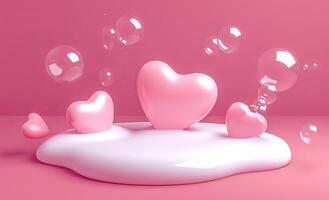 AI generated pink heart shape balloon with bubbles on the soap, with pink background photo