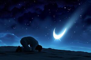 ai generado musulmán hombre haciendo sujud Orando para Alá debajo el que cae estrellas, con creciente Luna a noche. foto