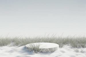 AI generated 3d render Abstract stage podium background, Round podium on snow field and meadow grass backdrop sky for product display, mock up and showcase photo