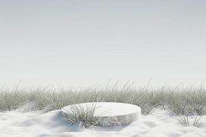 ai generado 3d hacer resumen etapa podio fondo, redondo podio en nieve campo y prado césped fondo cielo para producto mostrar, burlarse de arriba y escaparate foto