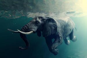 AI generated An Elephant Swimming Underwater, Mirrored and Creating Ripples on the Water's Surface photo