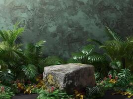 AI generated 3D Rendered Stone Platform Pedestal in the Heart of a Lush Forest, Perfect for Product Presentation, Surrounded by Verdant Greenery photo