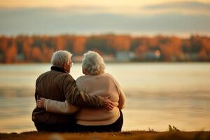 AI generated Happy senior couple sitting in summer near lake during sunset photo