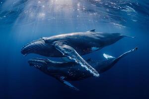 ai generado dos jorobado ballenas navegar el Oceano lo más hondo en un hermosa sincronizado nadar foto