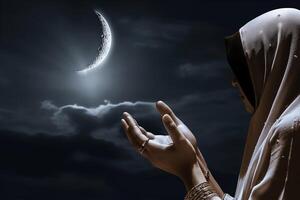 ai generado musulmán mujer Orando debajo el creciente Luna a noche foto