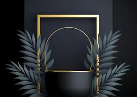 AI generated Minimal black scene with geometric shapes and palm leaves. Cylindrical gold and black podium on a black background. 3D stage for displaying a cosmetic product photo