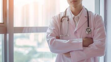 ai generado médico médico o médico en clínica oficina o hospital laboratorio para paciente confianza, profesional cuidado de la salud servicio, salud examen cheque arriba grabar con ciudad oficina edificio antecedentes foto