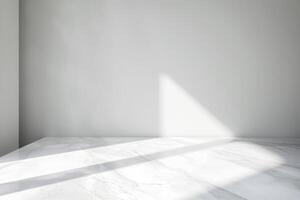 AI generated Empty Marble table top with shadow drop on white wall background photo