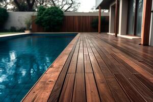 ai generado vacío de madera cubierta villa invitado casa con claro agua nadando piscina foto