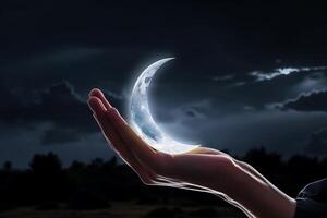 AI generated hand holding a white crescent moon under the cloudy night photo