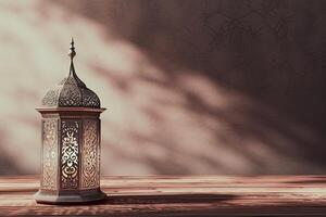 AI generated A lantern is placed on a wooden table with a beautiful background for the lamp Muslim feast of the holy month of Ramadan Kareem with light coming from the left photo