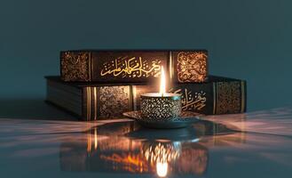 AI generated Ramadan kareem with Holy Quran and lantern lit photo