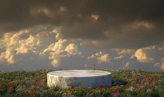 ai generado 3d prestados natural Roca podio graciosamente conjunto en un prado césped campo en contra un calmante nublado cielo fondo, evocando un armonía de naturaleza y clima conceptos foto