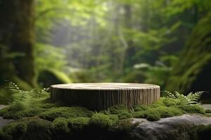 AI generated Flat stone podium in the magical forest , empty round stand background with light rays coming from behind photo