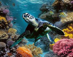 ai generado imagen para 3d piso. submarino mundo. tortuga. corales foto
