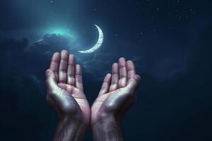 AI generated Moslem hand open and praying for dua under the crescent moonlight at night, praying tahajjud photo