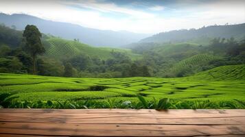 AI generated Empty wooden table in front of tea plantation background photo