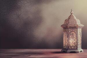 AI generated A lantern is placed on a wooden table with a beautiful background for the Muslim feast of the holy month of Ramadan Kareem with light coming from the right. photo