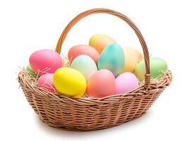 AI generated Multi colors Easter eggs in the woven basket isolated on white background with clipping path. Pastel color Easter eggs. photo