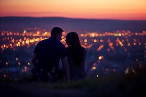 ai generado amantes hombre y niña en contra antecedentes noche ciudad, noche estrellado cielo y horizonte. concepto fecha San Valentín día, primero Beso amar, Siempre juntos. foto