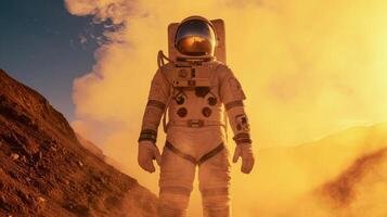 AI generated Courageous Astronaut in the Space Suit Explores Red Planet Mars Covered in Mist. Adventure. Space Travel, Habitable World and Colonization Concept. photo