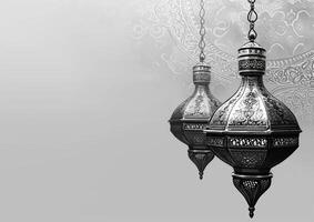 AI generated A black and white photo of a lamp with arabic text that says . Ramadan. Social media posts .Muslim Holy Month Ramadan Kareem .Ramadan Mubarak beautiful greeting card