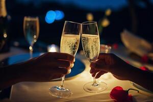 AI generated Romantic candlelight dinner for couple table setup at night. Man and Woman hold glass of Champagne. Concept for valentine's day or date. photo