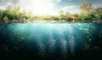 AI generated Design template with underwater part. light rays coming from the sun above the water, with bubble inside the water photo