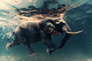 AI generated Swimming Elephant Underwater. elephant in ocean with mirrors and ripples at water surface. photo