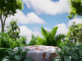 AI generated 3D Rendering of a Rock Podium Nestled in a Lush Forest Setting, Providing the Perfect Backdrop for Product Presentation, Framed by a Stunning View of the Sky photo