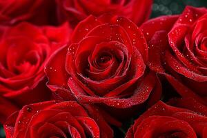 AI generated Close up of red roses and water drops. photo