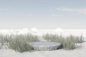 AI generated 3D Rendered Round Podium Set Against a Snowy Meadow Skyline, Perfect for Product Display, Mock-ups, and Showcase Presentations photo