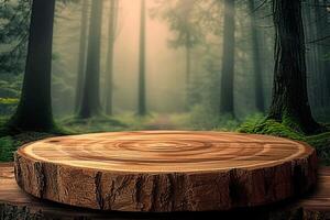 AI generated Wooden round pedestal in the green forest 3d illustration, scenery of empty product podium in natural environment, green trees around, mystical mood photo