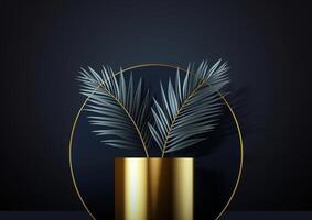 AI generated 3D Black Scene with Geometric Shapes, Palm Leaves, and a Cylindrical Gold and Black Podium on a Dark Background photo