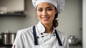 ai generado contento mujer cocinar en restaurante cocina foto