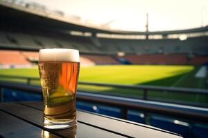 AI generated Glass of beer on football stadium background photo