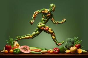 ai generado corriendo hombre hecho desde Fruta y vegetales. concepto en tema sano estilo de vida foto