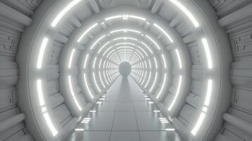 AI generated Realistic Illustration of a Futuristic Sci-Fi Corridor Interior, Bathed in White Light, Unveiling Clean and Minimalistic Aesthetics photo