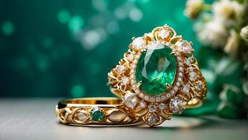 AI generated Beautiful gold ring with emerald, flowers photo