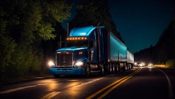 AI generated modern truck driving on the road at night in summer photo