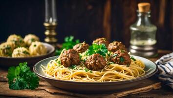 AI generated Delicious appetizing meatballs with spaghetti in the kitchen photo