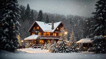 ai generado invierno casas en el bosque foto